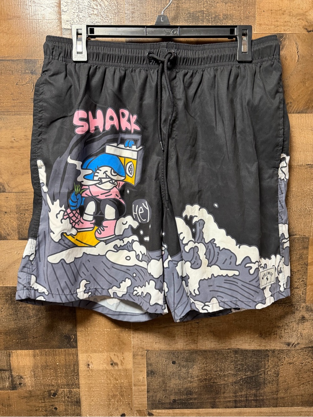 SHEIN Men’s Large Shark Surfing Graphic Swim Trunks Board Shorts Mesh Lined